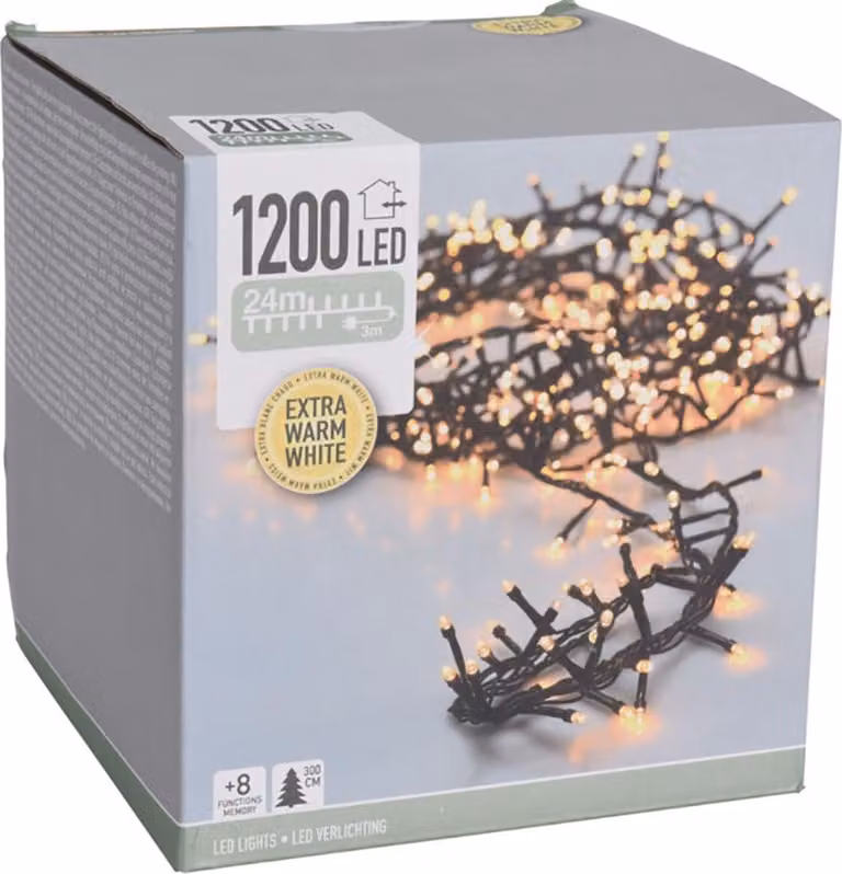 Luci LED a grappolo 1200 LEDS 24m extra bianco caldo Timer 8 ore 8 funzioni luminose per esterni