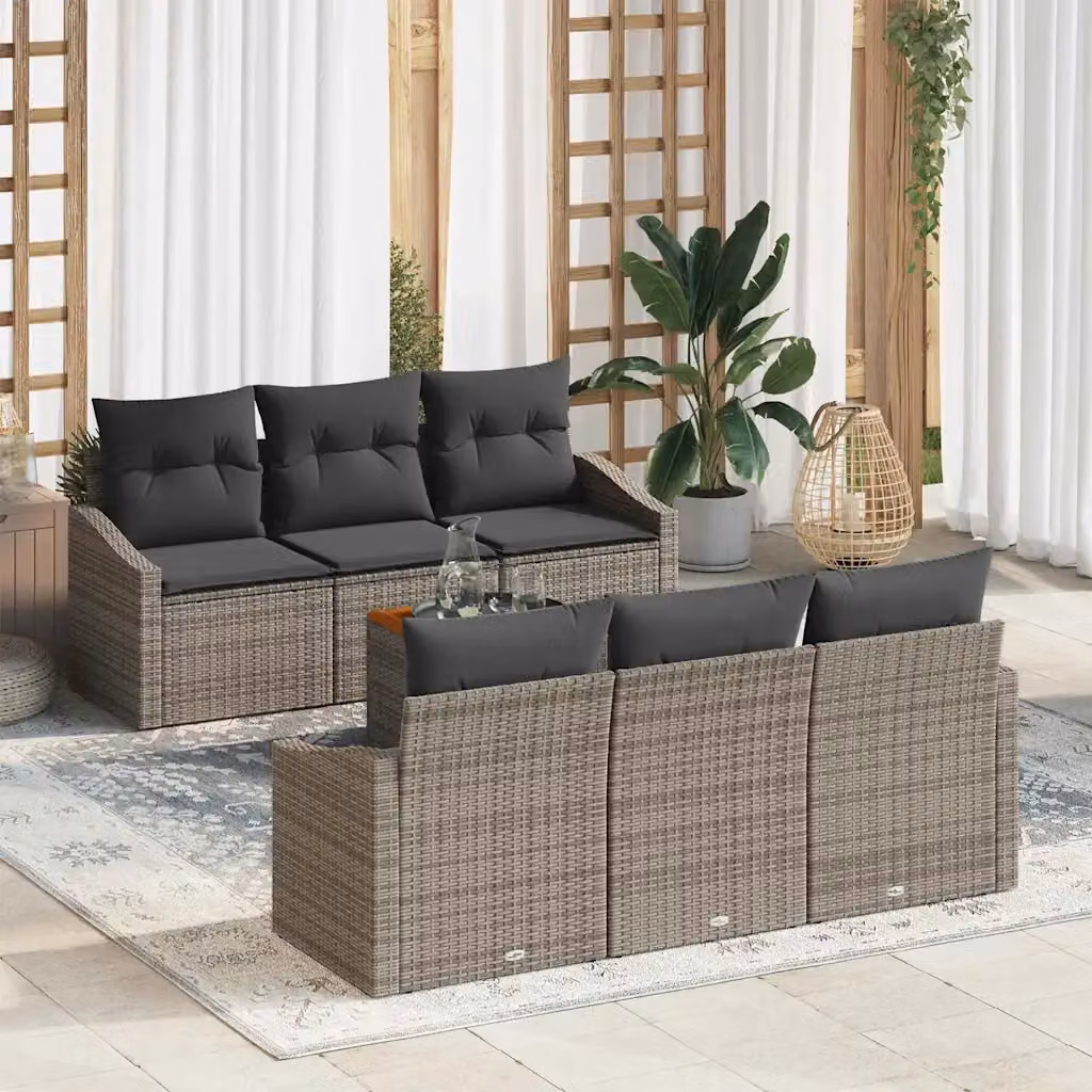 Set Divano da Giardino Moderno vidaXL in Polyrattan Grigio con 7 Pezzi e Cuscini inclusi – 1