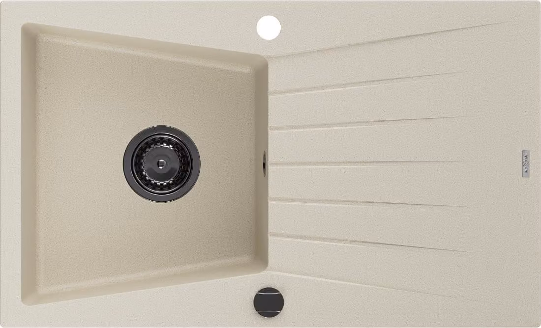 Mexen Cesar lavello in granito a 1 vasca con sgocciolatoio 775 x 470 mm, beige, sifone nero - 6514771010-69-B