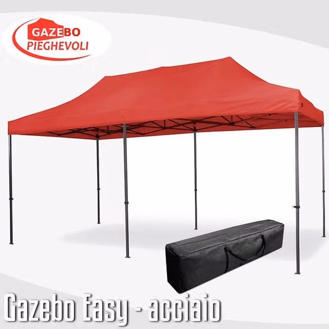 Gazebo 3x6 m rosso pieghevole portatile estendibile richiudibile estensibile acciaio SENZA laterali per fiere eventi stand chiosco tenda tendone mercato mercatino
