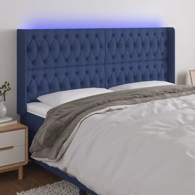 Testiera con LED Blu vidaXL in Tessuto con Porte USB e Illuminazione Sotto il Letto L: 203 cm, P: 16 cm, H: 118-128 cm – 1