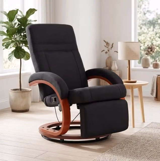 Poltrona relax con schienale reclinabile, braccioli ergonomici, poggiapiedi richiudibile, base in legno di eucalipto e rivestimento in lino