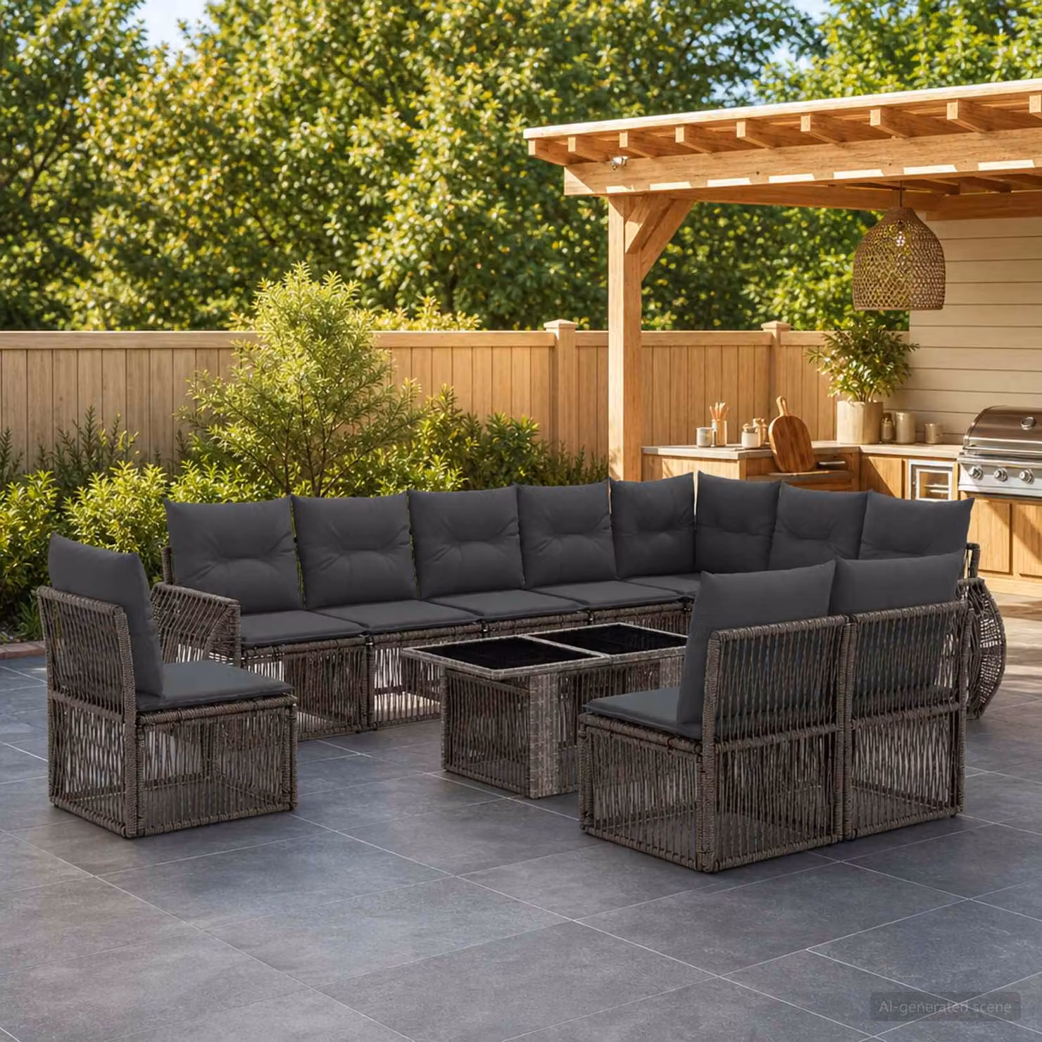 Set Divano da Giardino vidaXL 11 pz in Polyrattan Grigio e Antracite con Cuscini e Tavolino da Esterno a Forma di U