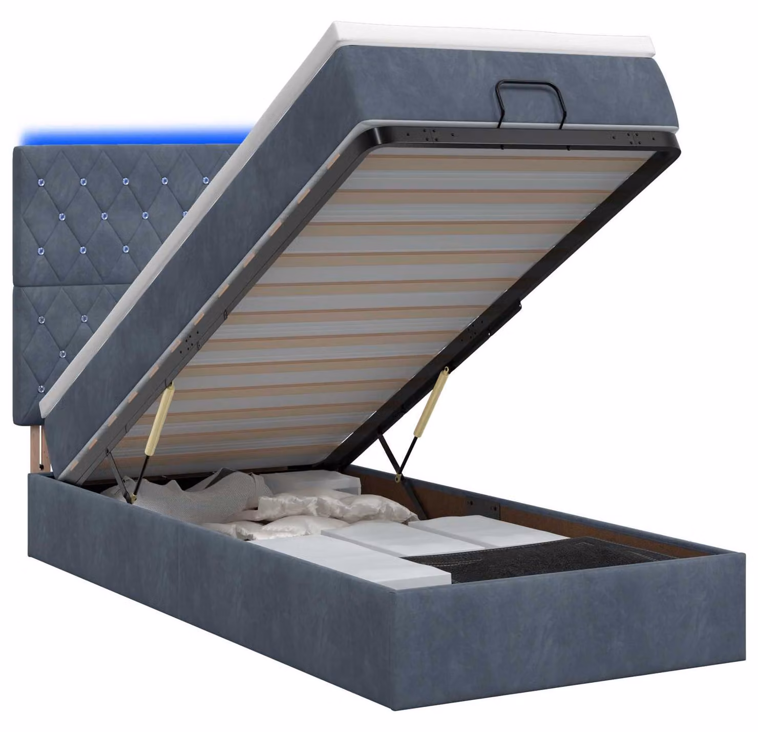 Panca contenitore con materasso e illuminazione LED, colore grigio scuro, dimensioni 90 x 200 cm, rivestita in velluto