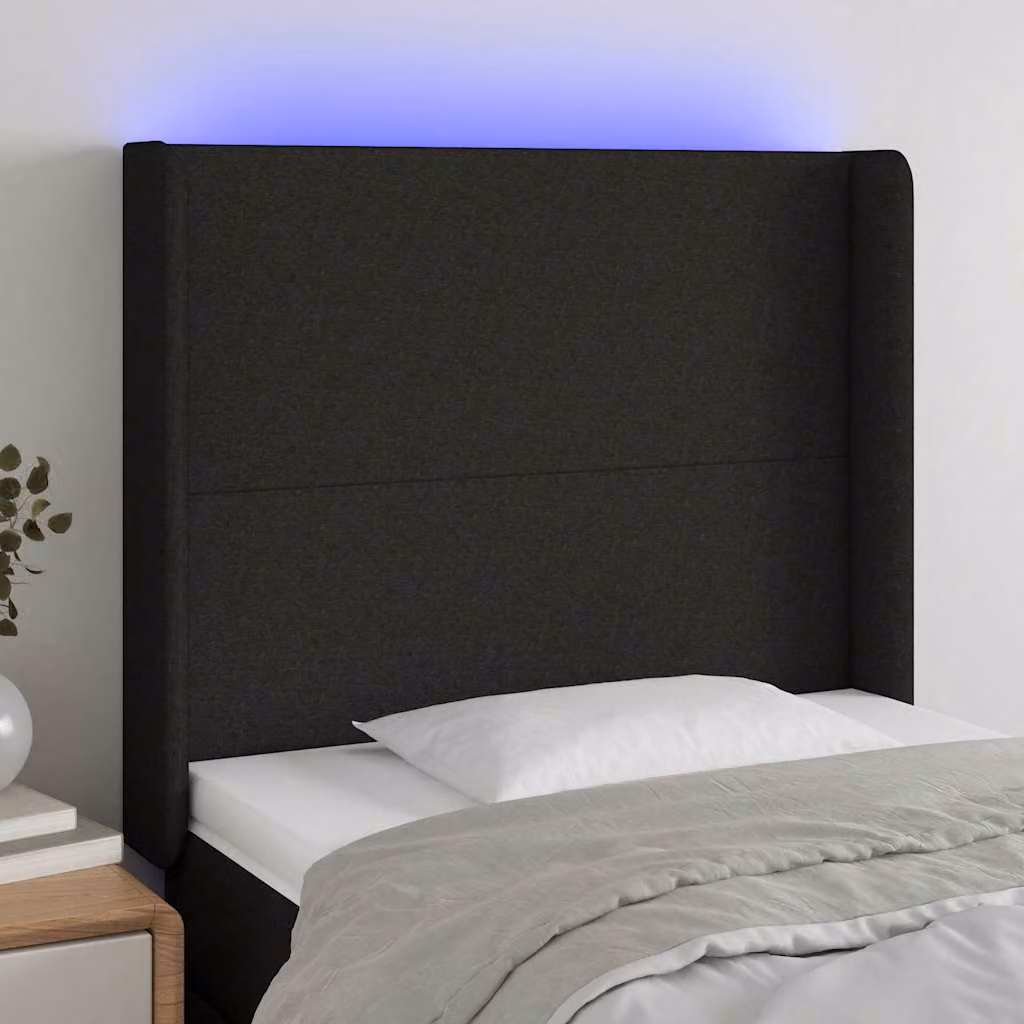 Testiera per letto vidaXL in tessuto nero con illuminazione LED integrata e porte di ricarica USB, L 93 cm, P 16 cm, H 118/128 cm