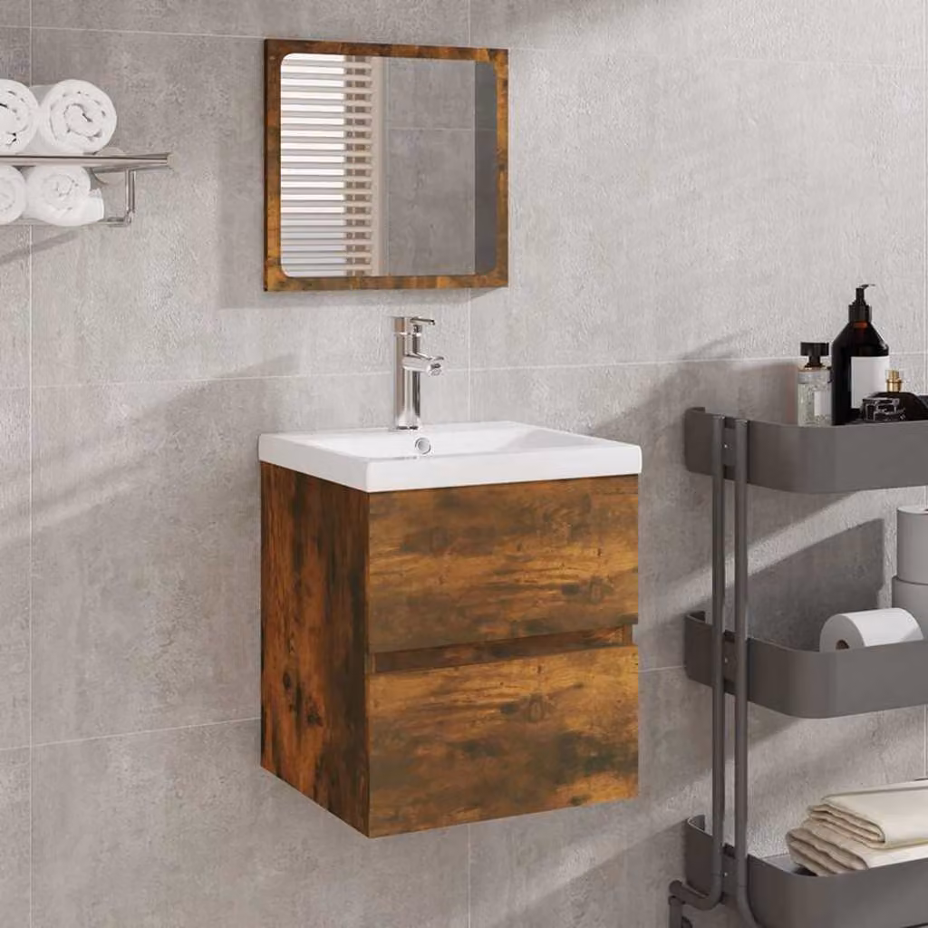 Mobile da bagno moderno vidaXL con lavabo e specchio in rovere fumo, L: 76,7 cm, P: 41,0 cm, H: 45,0 cm