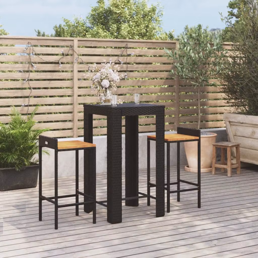 Set Bar da Giardino vidaXL in 3 Pezzi Nero in Polyrattan e Legno di Acacia