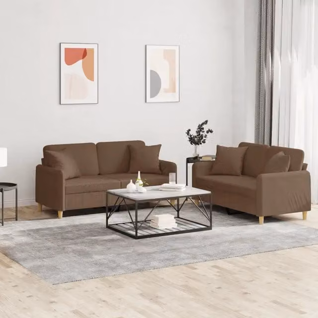 Set di 2 divani moderni vidaXL in tessuto marrone con cuscini e struttura in metallo e MDF per il tuo soggiorno L/P/H: 138 x 80 x 77 cm