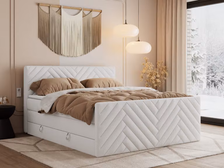 Letto boxspring MKS MEBLE 160x200 con contenitore e materasso H4 - Paris King Duo - Pelle finta bianca