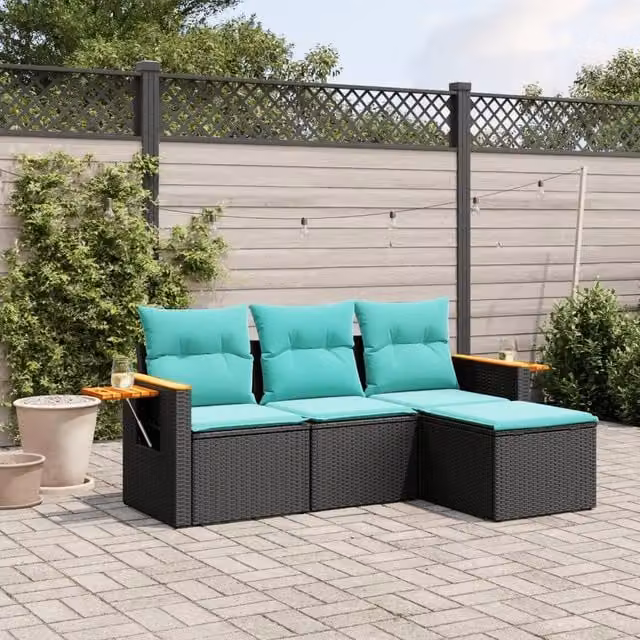 Set di Divani da Giardino a L VIDAXL in Polyrattan con Cuscini, Nero, Blu o Turchese
