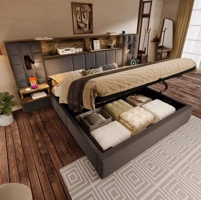 Letto imbottito grigio 160x200 con luci, ricarica e spazio contenitivo