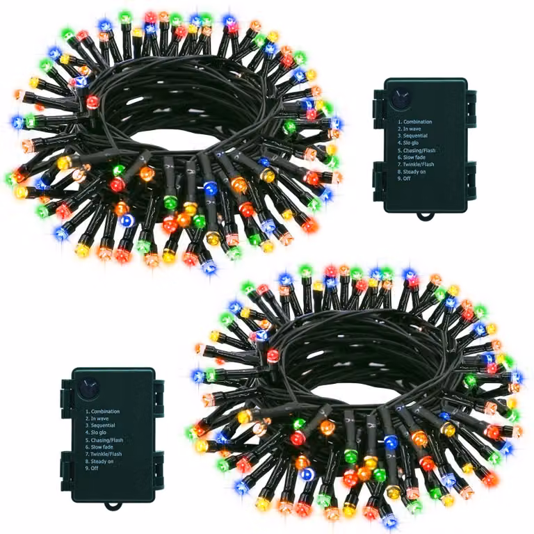 Confezione da 2 catene luminose da 7 metri con 70 LED, alimentate a batteria, con timer, 8 modalità e luci multicolore