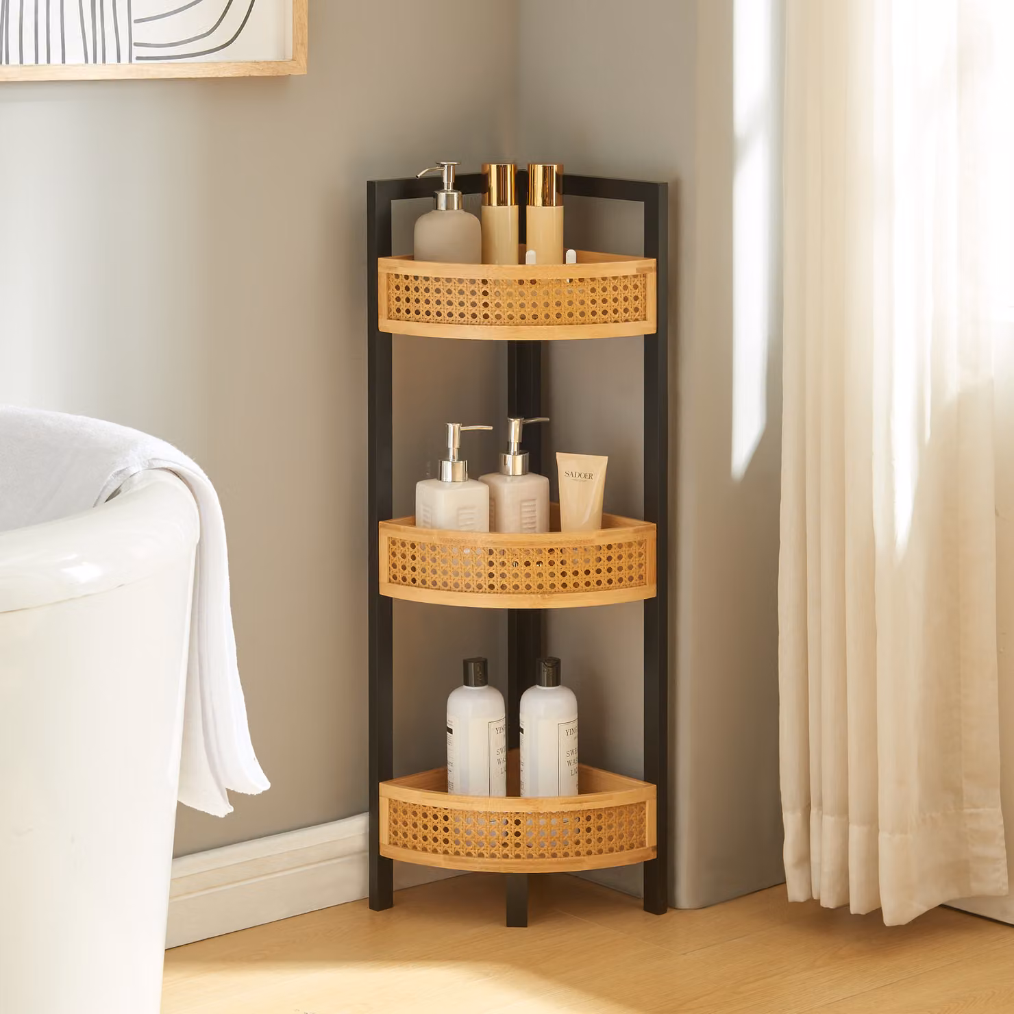 Scaffale angolare 'Tervola' con 3 ripiani in rattan 80 x 23 x 23 cm nero / bambù