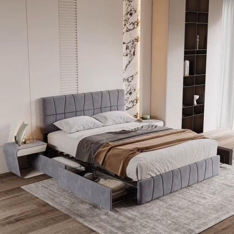 Letto imbottito - Letto matrimoniale 160 x 200 cm - 4 cassetti - Spazio contenitivo - Rivestimento in velluto - Retino a listelli - Struttura in metallo - Grigio
