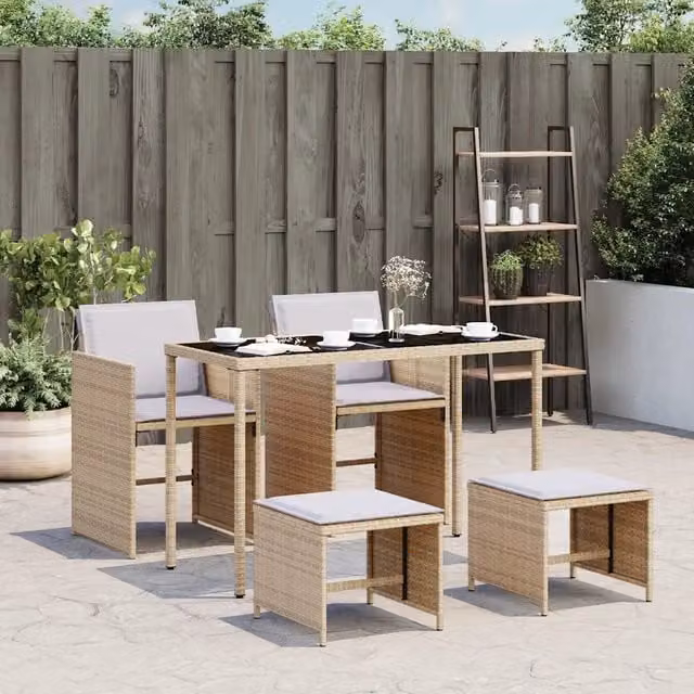 Set Pranzo da Giardino vidaXL in Polyrattan con Cuscini Beige e Grigio e Tavolo in Vetro