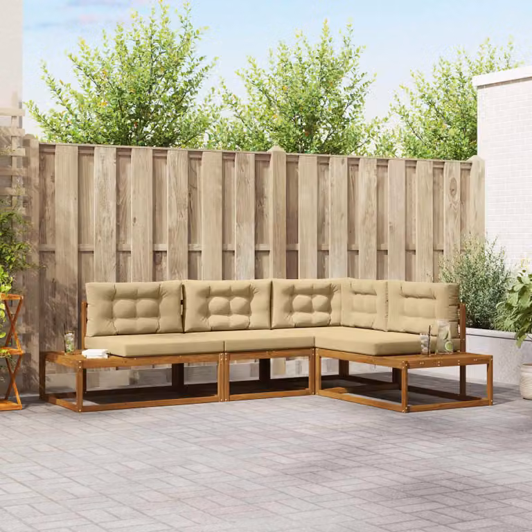 Set di divani da esterno vidaXL a forma di L in legno di acacia con cuscini, beige e marrone, per 4 persone