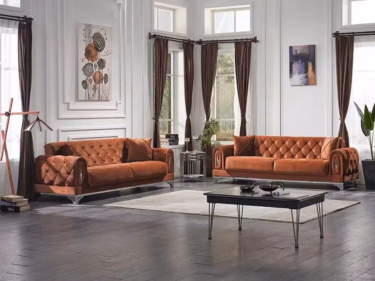 Luxus 2x Sofa Dreisitzer Couch Chesterfield Wohnzimmer Braun Polstermöbel