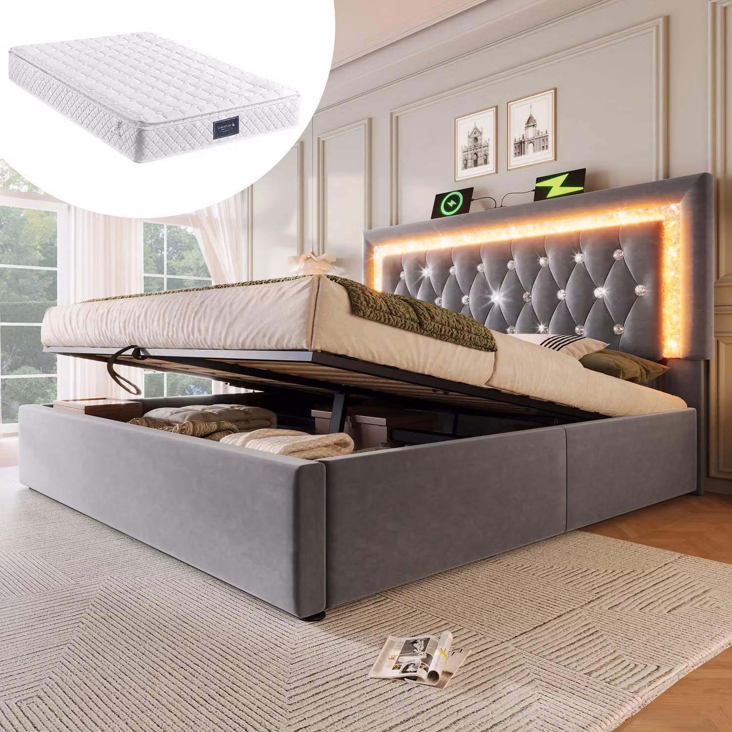 okwish letto imbottito 140x200 letto per ragazzi letto matrimoniale con striscia luminosa a LED e presa USB, struttura letto per bambini con rete, struttura letto con rete a doghe, grigio (con materasso)