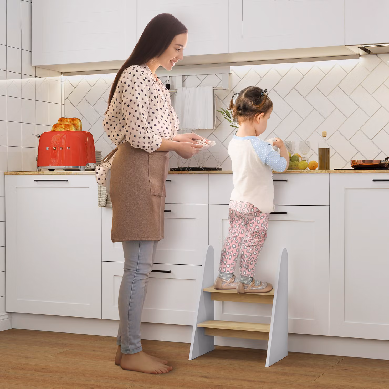 Sgabello Montessori AIYAPLAY a 2 Gradini per Bambini, Scaletta con Bordi Arrotondati, Bianco – 2
