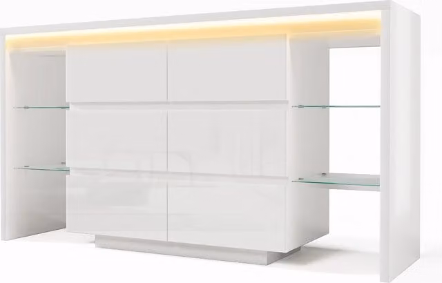 Madia moderna per soggiorno con illuminazione LED, 6 cassetti e 4 ripiani in vetro, finitura lucida bianca, L: 155 cm, P: 40 cm, H: 80 cm