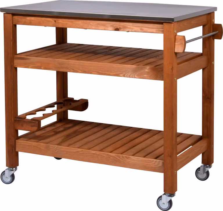 Tavolo barbecue mobile con ripiano e piano in acciaio inox per esterni, 94 x 58 x 90 cm, pino