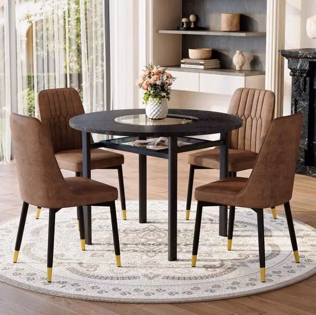 Set tavolo rotondo 100 cm con 4 sedie marroni e ripiano vetro