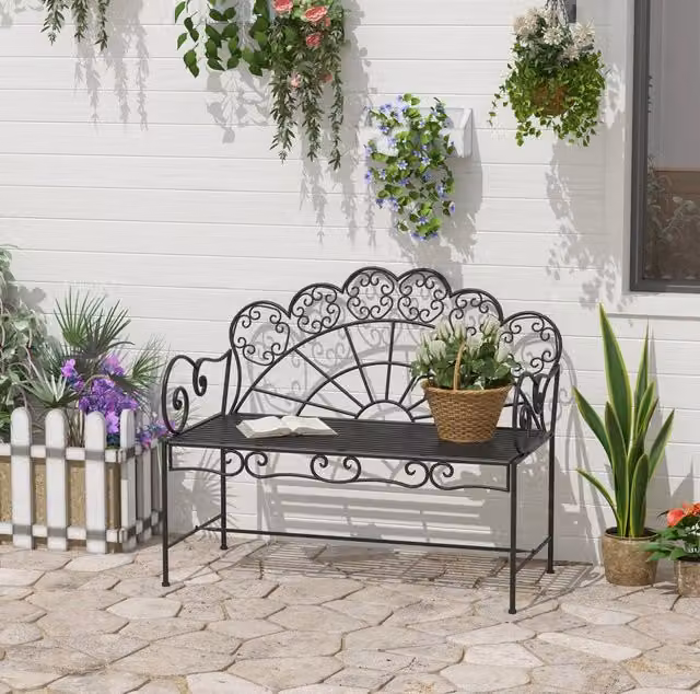 Panca da giardino a 2 posti in metallo nero con braccioli L: 107 cm, P: 55,5 cm, H: 90,5 cm – 1