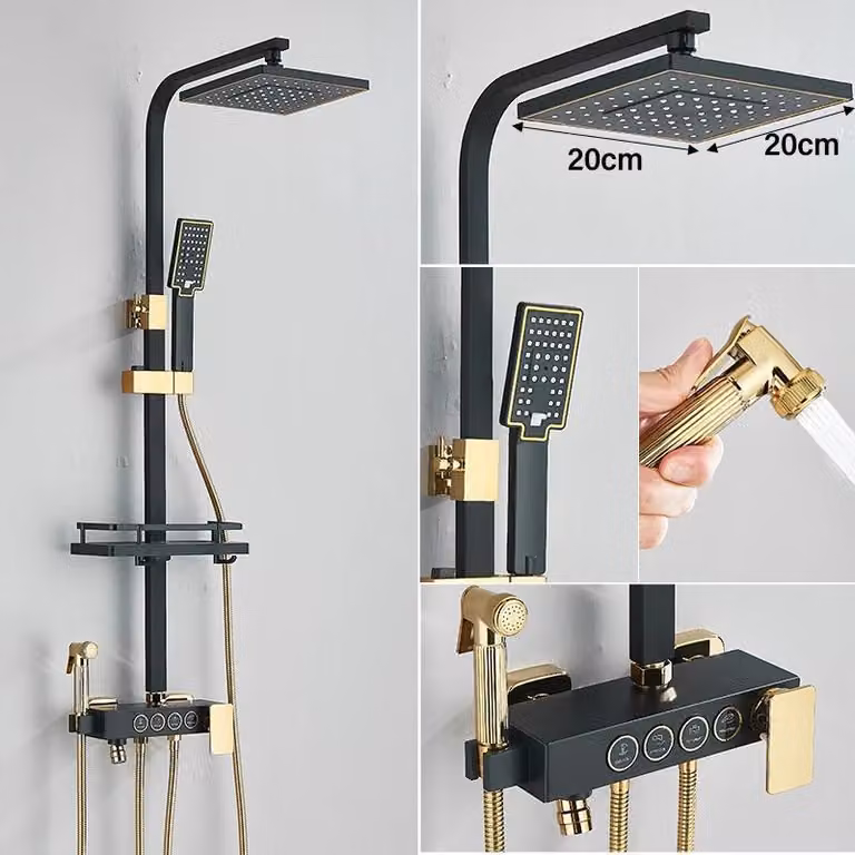 Set doccia per vasca da bagno - Sistema doccia a 4 getti - Doccetta superiore da 25 cm - Acciaio inossidabile 304 - Miscelatore monocomando per acqua calda/fredda - Nero e oro