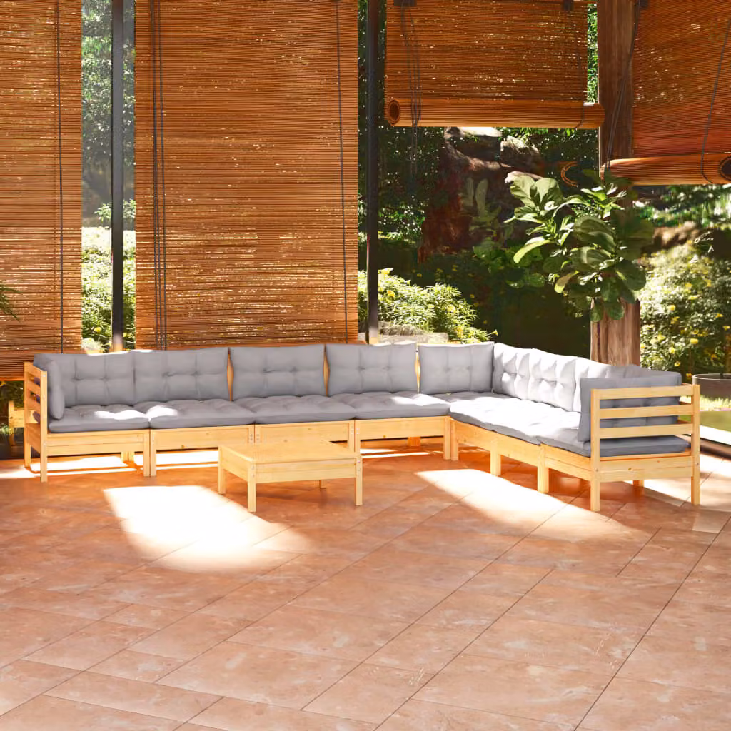 The Living Store Set da 9 pezzi per salotto da giardino con cuscini grigi in legno di pino massiccio