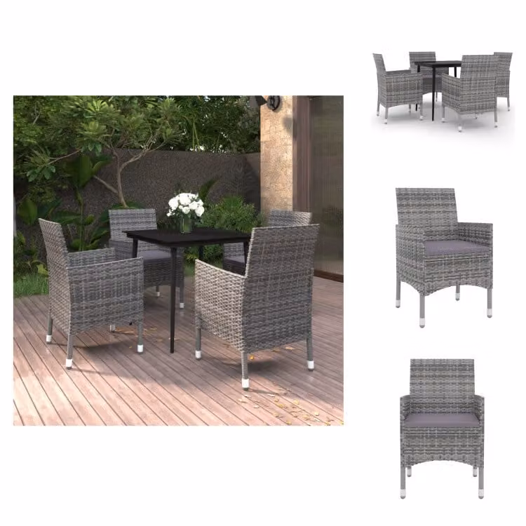 vidaXL Set da pranzo da giardino in 5 pezzi con cuscini in polirattan e vetro - Set di mobili da giardino