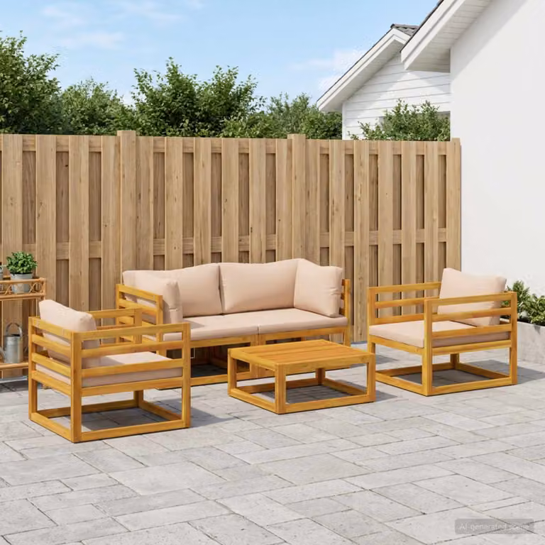 Set da giardino modulare vidaXL in legno di acacia con cuscini beige e tavolino da caffè