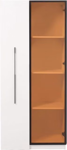 Armadio multifunzione 160 cm con vetrina in vetro temperato, telaio in alluminio, 1 porta, 1 cassetto laterale estraibile con ruote e illuminazione LED