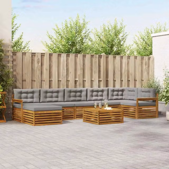 Set di divani da esterno a L vidaXL in legno di acacia con cuscini, colore grigio