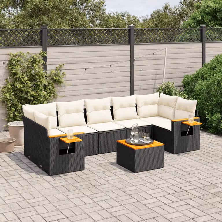 vidaXL Set Divani da Giardino a L con Cuscini 8 pz in Polyrattan e Legno di Acacia Nero e Bianco