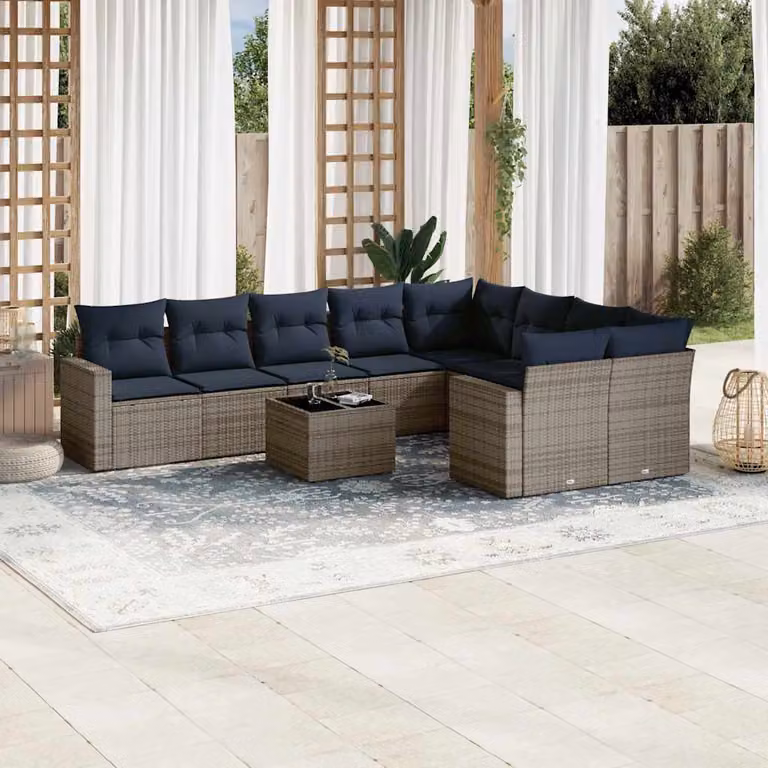 Set di divani da giardino vidaXL in polyrattan grigio con 10 pezzi e cuscini inclusi