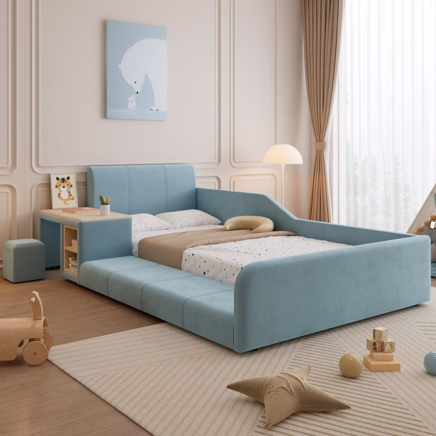 Letto imbottito Merax 90x200 con scrivania e sgabello, letto per bambini con morbida testiera in velluto, letto singolo con ripiano e robuste doghe in legno, blu