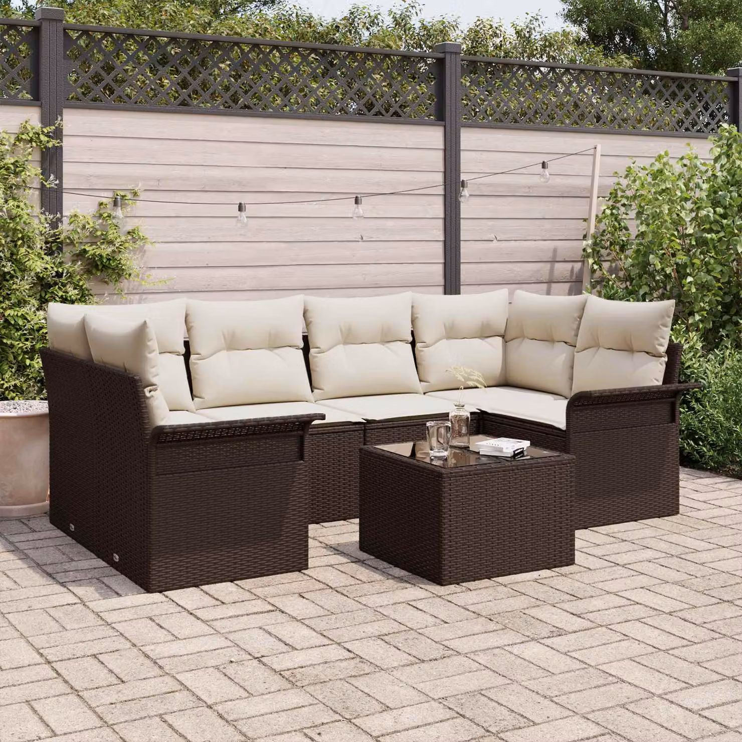 Set Divano da Giardino vidaXL a 7 Pezzi per 6 Persone con Tavolino, Design a L, Colore Marrone e Beige