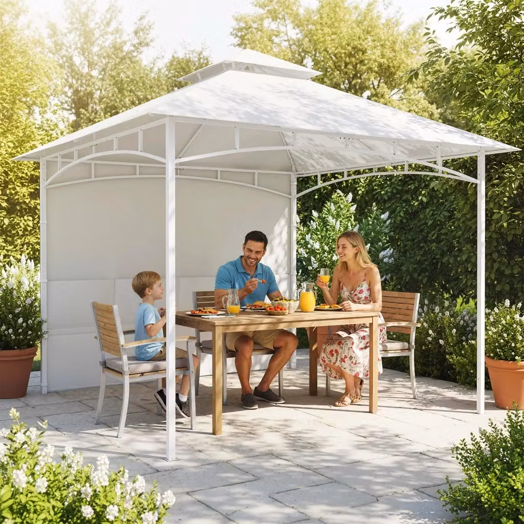 Gazebo da Giardino Giordanoshop Bianco con Tenda Laterale, Tasche Portaoggetti e Gancio a Soffitto in Metallo e Poliestere UPF30+, L/P: 300 x 300 cm, H: 276 cm – 2