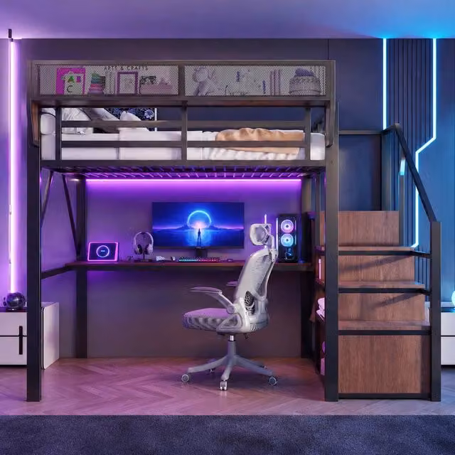 Letto a soppalco 140 × 200 cm 2 posti con scrivania, LED multicolore, mensole e presa multipla, senza materasso
