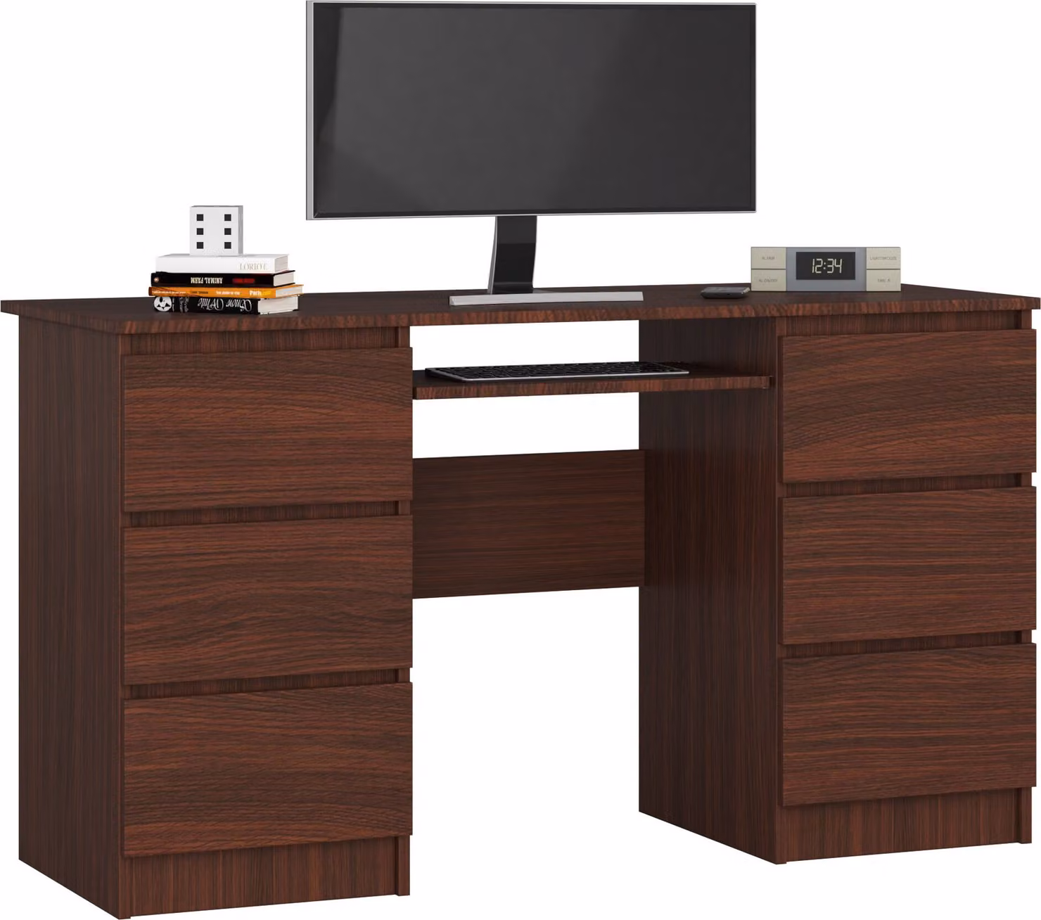 Scrivania con 6 cassetti su entrambi i lati. Dimensioni: altezza 77 cm, larghezza 135 cm, profondità 52 cm