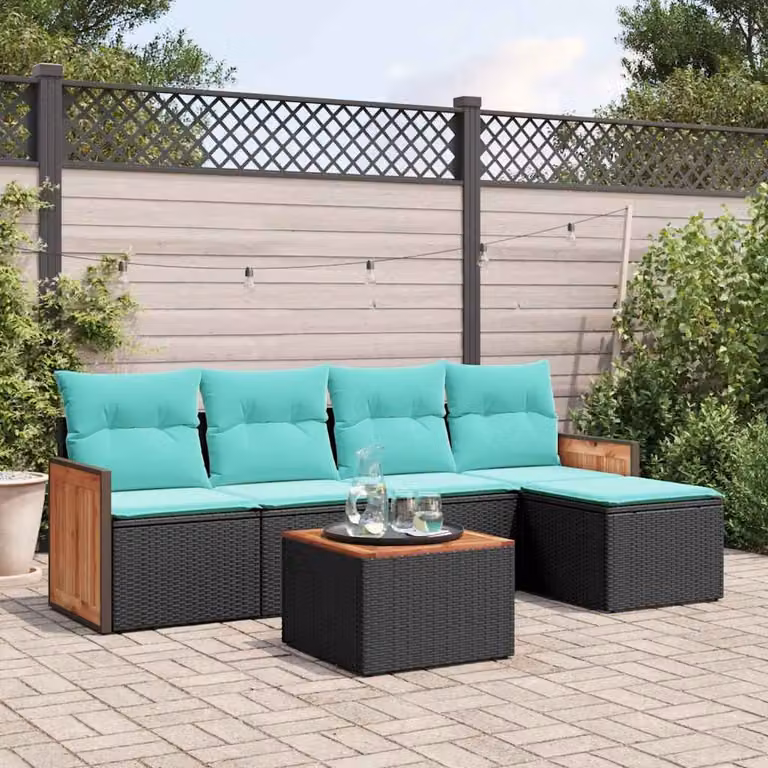 Set da giardino vidaXL in polyrattan nero composto da 6 pezzi con cuscini inclusi e tavolino da caffè