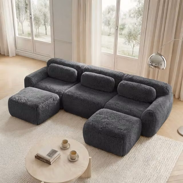 Divano modulare a U configurabile in peluche con seduta ampia pouf collegabile base antiscivolo grigio per soggiorno