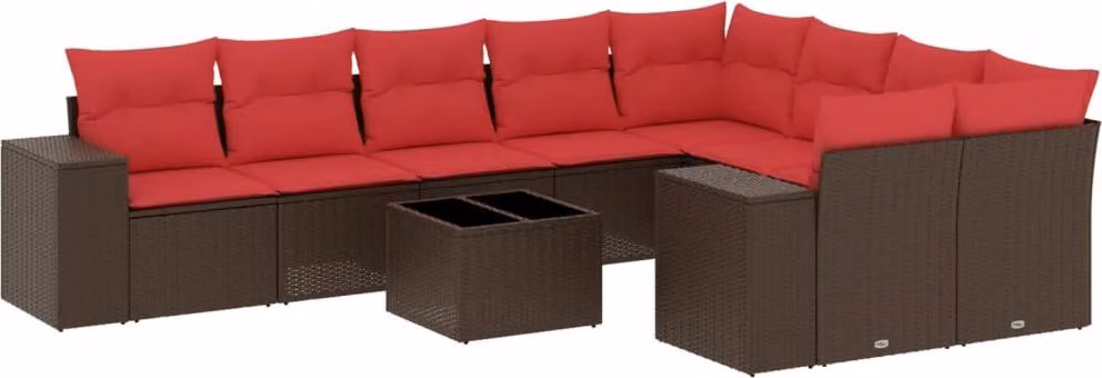 Set Divani da Giardino 10 pz con Cuscini Marrone in Polyrattan