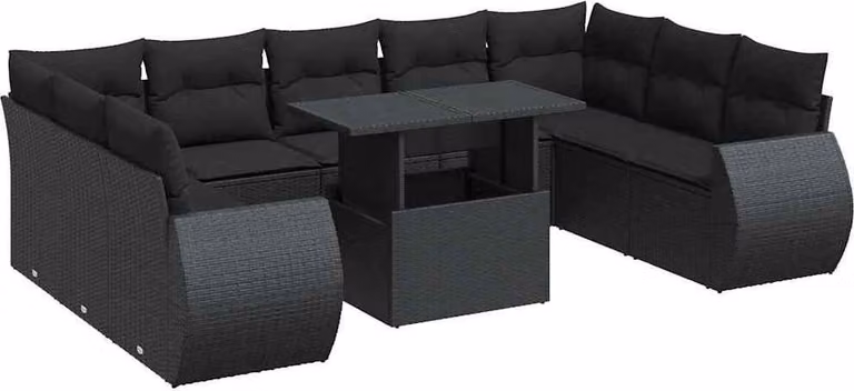 Set Divani da Giardino 10pz con Cuscini in Polyrattan Nero