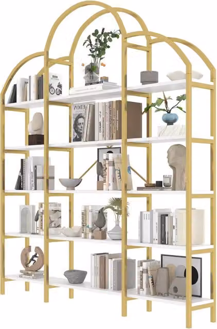 Scaffale moderno a 5 ripiani con decorazione a nuvola in MDF e metallo, Bianco e Oro, H: 190 cm, L: 170 cm, P: 26 cm