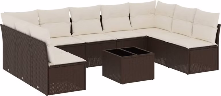 Set Divani da Giardino 10pz con Cuscini in Polyrattan Marrone