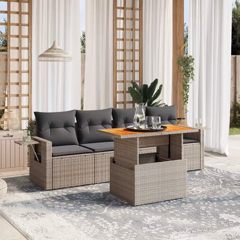 Set Divano da Giardino vidaXL 5 pz in Polyrattan Grigio con Cuscini e Tavolino