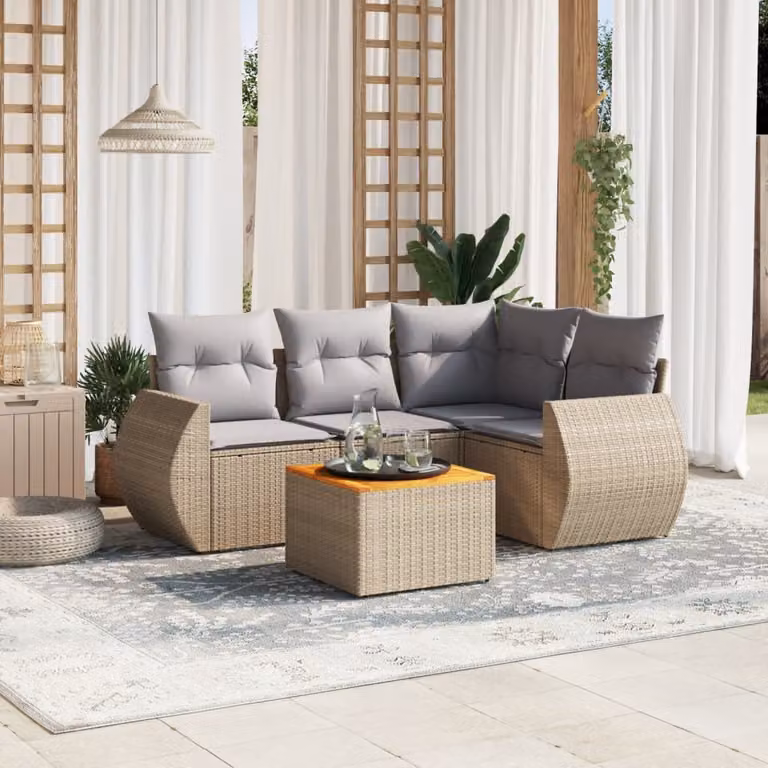 vidaXL Set Divano da Giardino a L 5 pz in Polyrattan con Cuscini Beige e Tavolino da Esterno