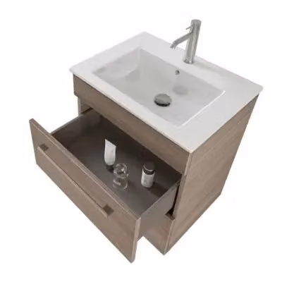 Mobile bagno sospeso Smart in legno olmo marrone con lavabo e specchio contenitore con illuminazione LED – 2