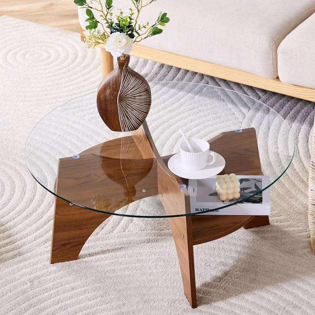 Tavolino rotondo REDOM in vetro trasparente e MDF marrone, Diametro: 80 cm, Altezza: 36 cm – 2